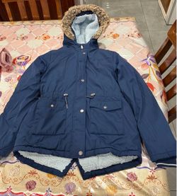 Navy Blue Parka Jacket with Faux Fur Hood