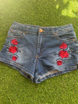 Denim Shorts with Rose Embroidery