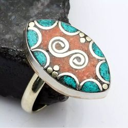 Tibetan Turquoise Coral Gemstone Handmade Ring