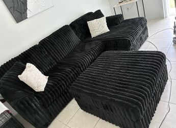 Black Corduroy Sectional Sofa with Ottoman