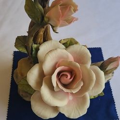 Vintage Capodimonte Rose On Leaves 8inches Tall