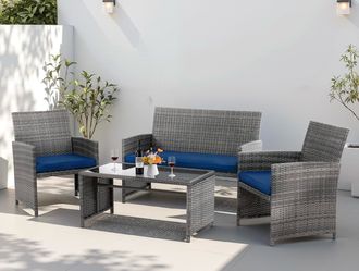 4 Piece Patio Ratten Set Outdoor Furniture Set Wicker Conversation Set with Cushions and Tempered Glass Tabletop,Deep Blue