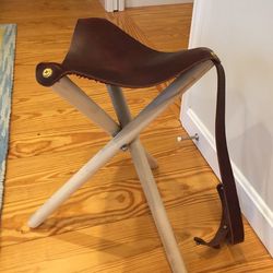  Hand-crafted leather & wood folding stool available now in portland, maine!