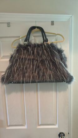 Large Faux Fur Tote Duffle Bag 20”x 11”x7” Grey & White