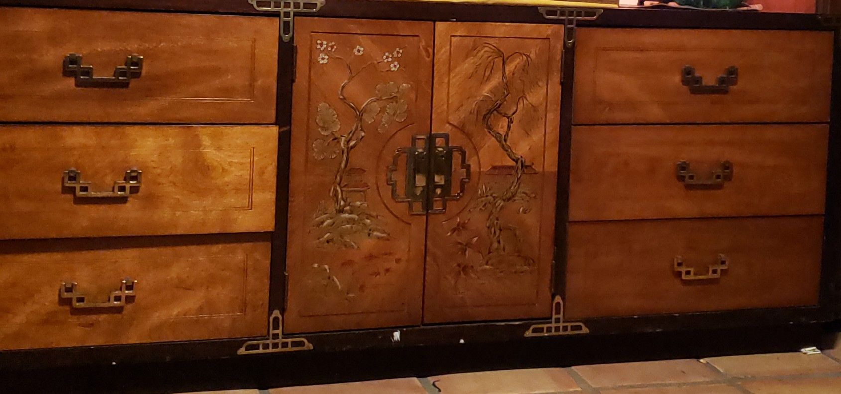 Bassett Furniture Solid wood oriental Asian dresser brass cherry blossom