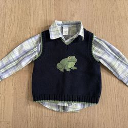 Janie and Jack 6 12 Months Boy Sweater Vest and Dress Shirt Blue Green Frog