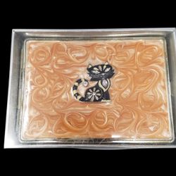 NWT Vtg Black Cat Rhinestone Eye Picture & CC Holder Silver Plated Creamy Enamel Design