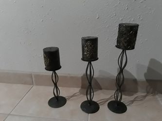 3 wrought iron metal candel holders and 3 candels