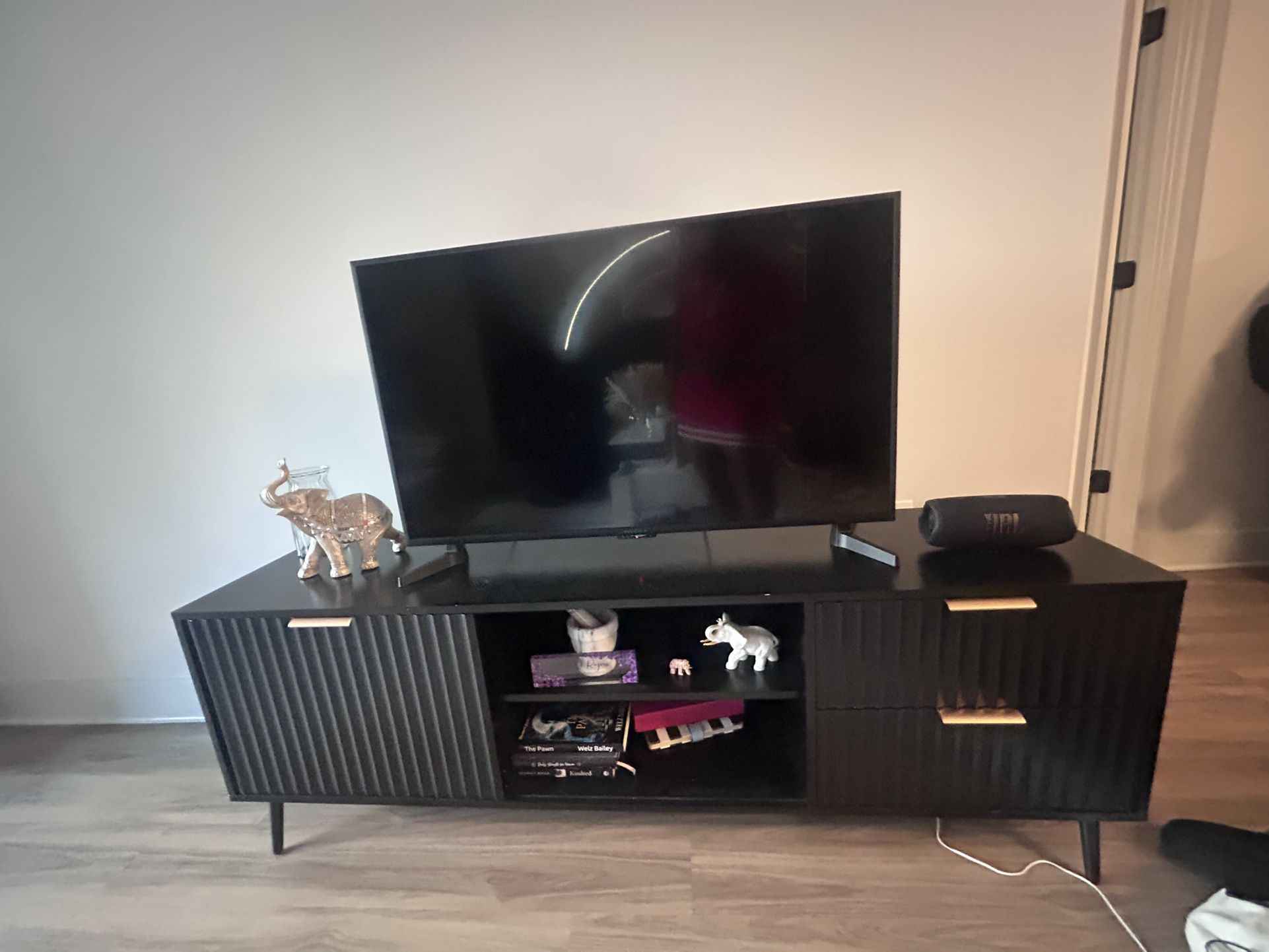 Sleek Black TV Stand – 2 Drawers + Sliding Door