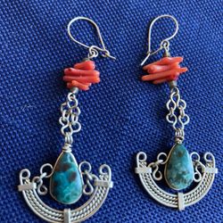Turquoise And Vintage Coral Earrings In Alpaca Wire