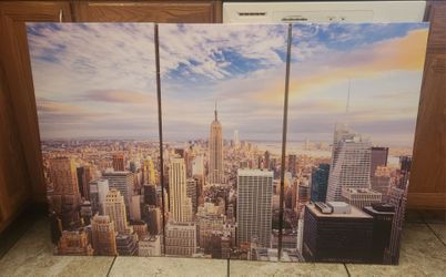 Modern New York Skyline World Trade Center 3 Panel Canvas Wall Art 48" wide × 32" high