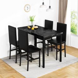 Faux Black Marble Dining Table with 4 Upholstered Chairs, 5-Piece Dining Room Table Set for Small Space, Breakfast Table Bar Table and Chairs Set for 