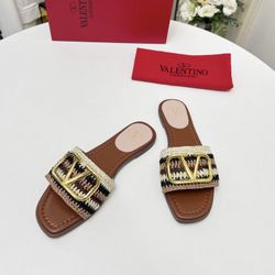Valentino braided metal buckle flat-bottomed cool slippers, fashionable and versatile choice(off25)