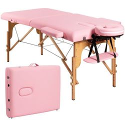 New Portable Massage Table Adjustable Spa Bed Wooden Legs with Face Cradle & Carry Case Pink
