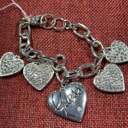 Vintage Guess Brand Heart Charm Bracelet With Rhinestones