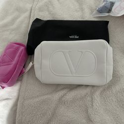 Valentino Beauty White Toiletry Bag "V" Logo & Studded Zipper Big White Pouch