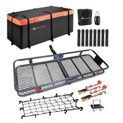 MeeFar Folding Hitch Mount Cargo Carrier Basket 60" X 20" X 6"+Waterproof Cargo Bag 16 Cubic Feet(58" 19" 24"),Hauling Weight Capacity Of 500 Lbs And 