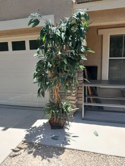 7ft Tall Artificial Tree in Decorative Metal Planter Read Description