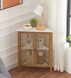 Corner Accent Cabinet, 3 tier Corner Storage Cabinet with 2 Mesh Doors and Wooden Shelves, Free-Standing Organizer for Compact Space, Gold
