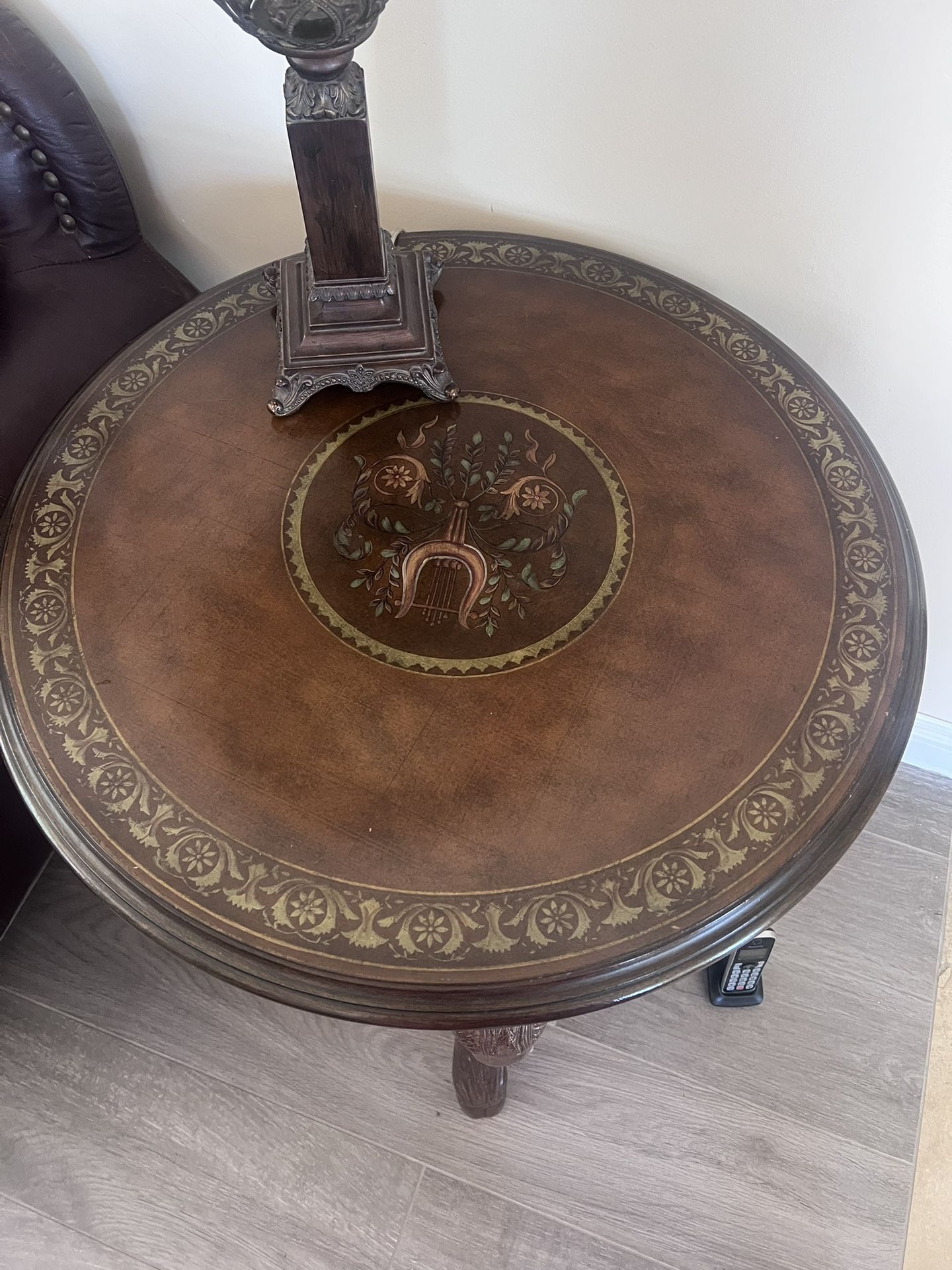 Elegant Vintage Inlaid Wood Accent Table – Unique Ram Head Detail