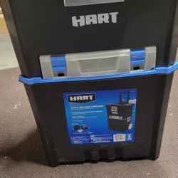 HART 3-in-1 16-inch Rolling Plastic Tool Box in black and blue. 
