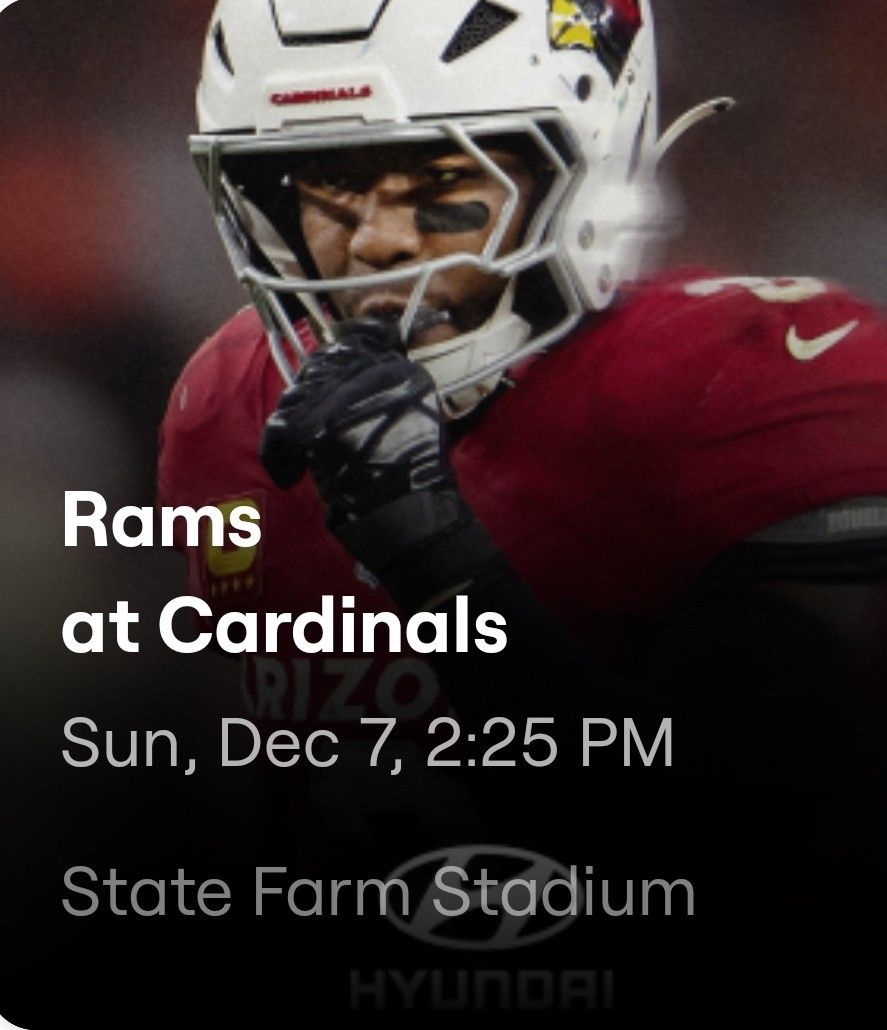 Los Angeles Rams @ Arizona Cardinals 2 Lower Level Aisle Seats Plus Prk Pass
