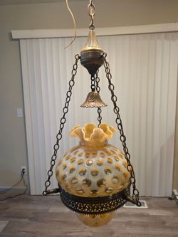 Vintage Fenton Amber Opalescent Ruffled Coin Dot GWTW Style Hanging Lamp