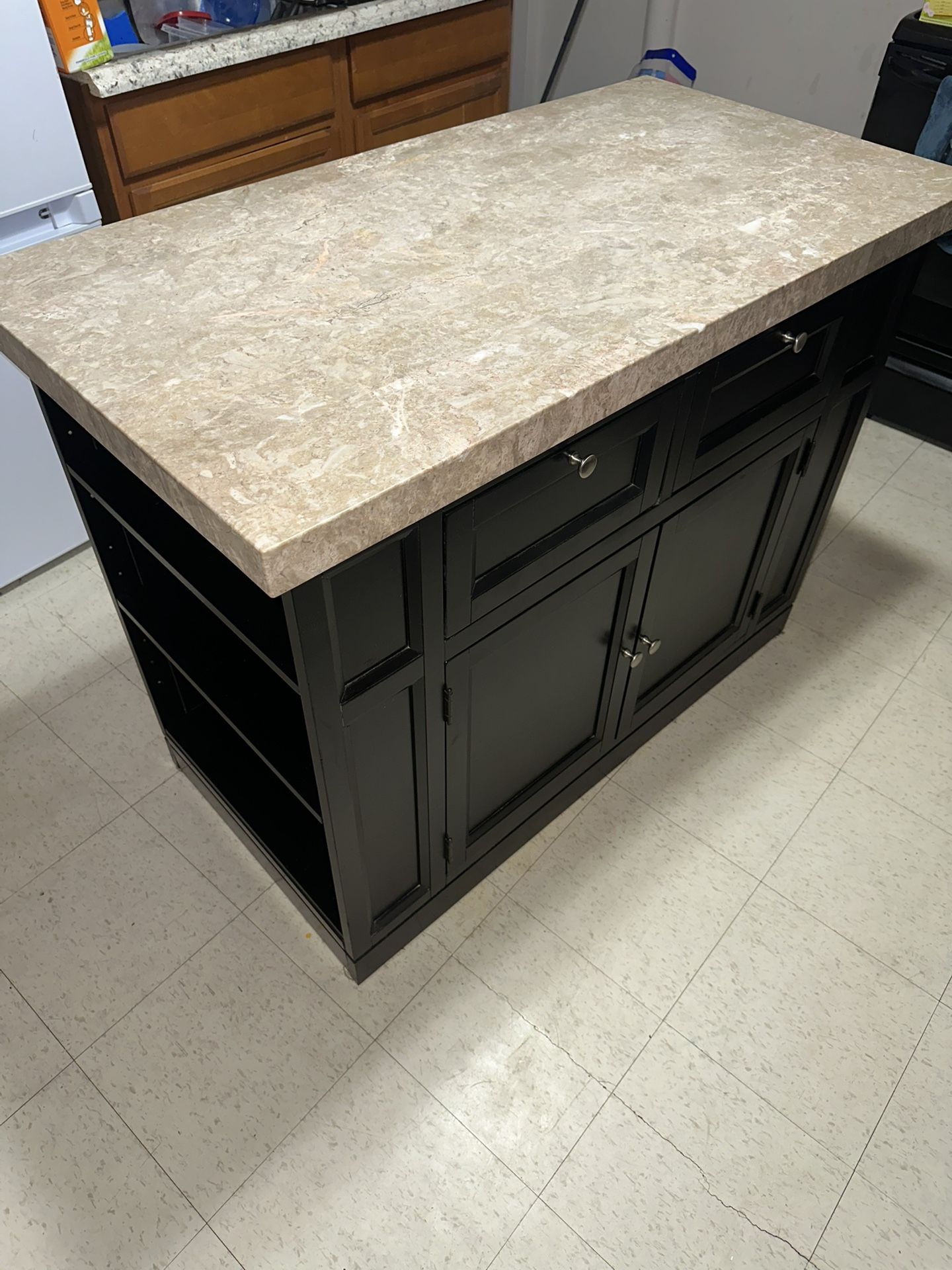 Marble Top Kitchen Island, Light Beige Top, Bottom Dark Brown/Blackish, 48L, 25 1/4w, 36h, & 2inch thick marble top.
