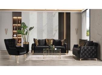 Brand New Elegant Black Velvet Sofa Loveseat Set with Gold Legs