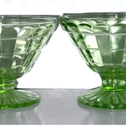  vintage uranium green depression glass sherbet bowl set of 2 features a block optic pattern and a glossy finish