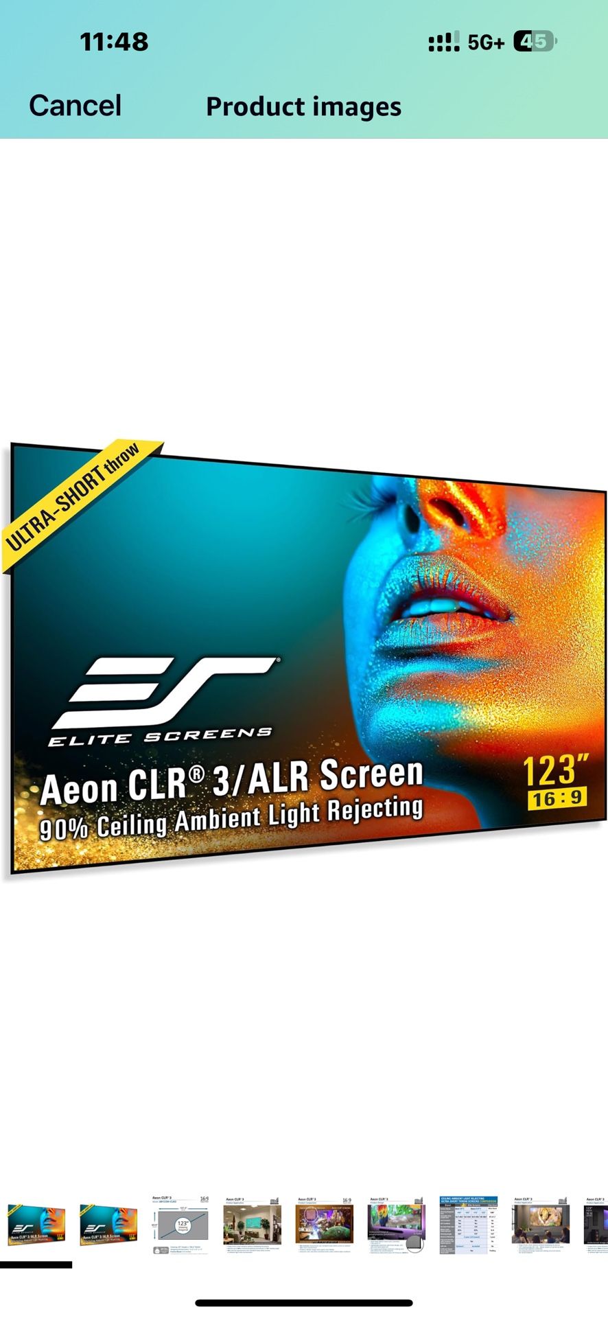 Aeon CLR3 123" UST ALR Projector Screen, Ceiling Light Rejecting, Edge-Free Fixed Frame, Grey Screen for Indoor Ho