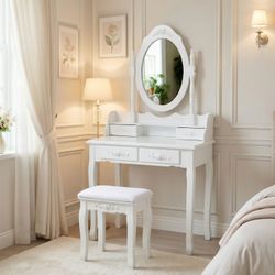 White Princess Vanity Desk Set with Mirror & Cushioned Stool, 4-Drawer Wooden Makeup Vanity Table for Girls' Bedroom, Dressing Table with Ample Storag