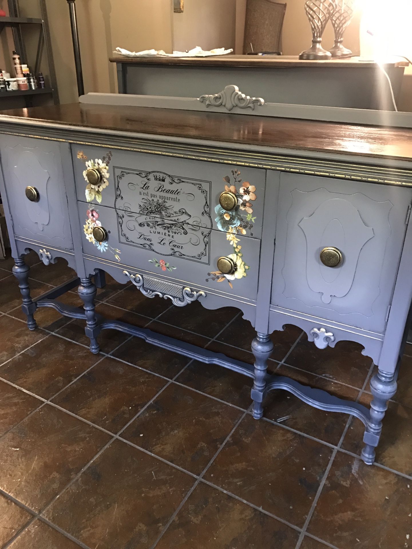 Antique chalk painted buffet table.