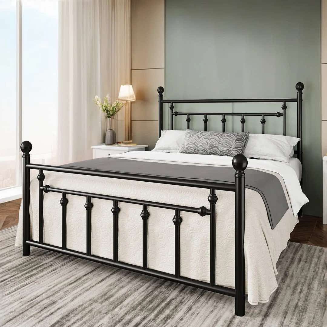 Black Queen Size Metal Platform Bed Frame with Victorian Vintage Headboard & Footboard, Adult