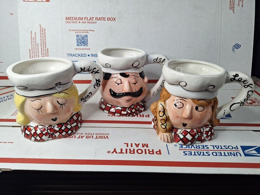 3 Vintage Ceramic Chef Head Coffee Mugs