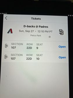 2 PADRES/ D’BACKS TICKETS, SUNDAY, 9/27, SEC 107, ROW 22D