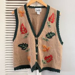 Vintage Teddi Embroidered Fall Autumn Leaf Knit Tan Vest  Size Large Womens