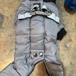 XXS XS dog snowsuit with harness loop. 