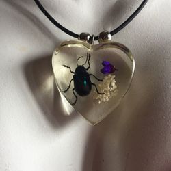 Epoxy Resin Real Scarab Bug and Flowers Necklace