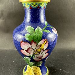 Chinese Antique Cloisonne Enamel & Brass Blue Floral Vase 