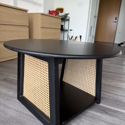 Round Black Coffee Table w/ Storage – Modern + Cane Detail