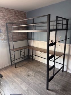 Twin Loft Bed with Desk, 3 Storage Drawers & Open Shelves, Charging Station
