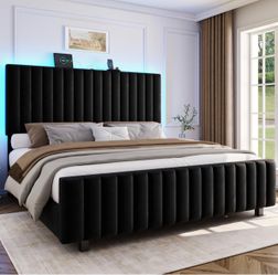 50" Black Tall Queen Bed Frame with Adjustable Headboard, Upholstered Platform Bed Frame Queen Size with Charging Station Modern Luxury Velvet Tufted 