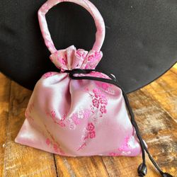 Pink Floral Satin Drawstring Handbag