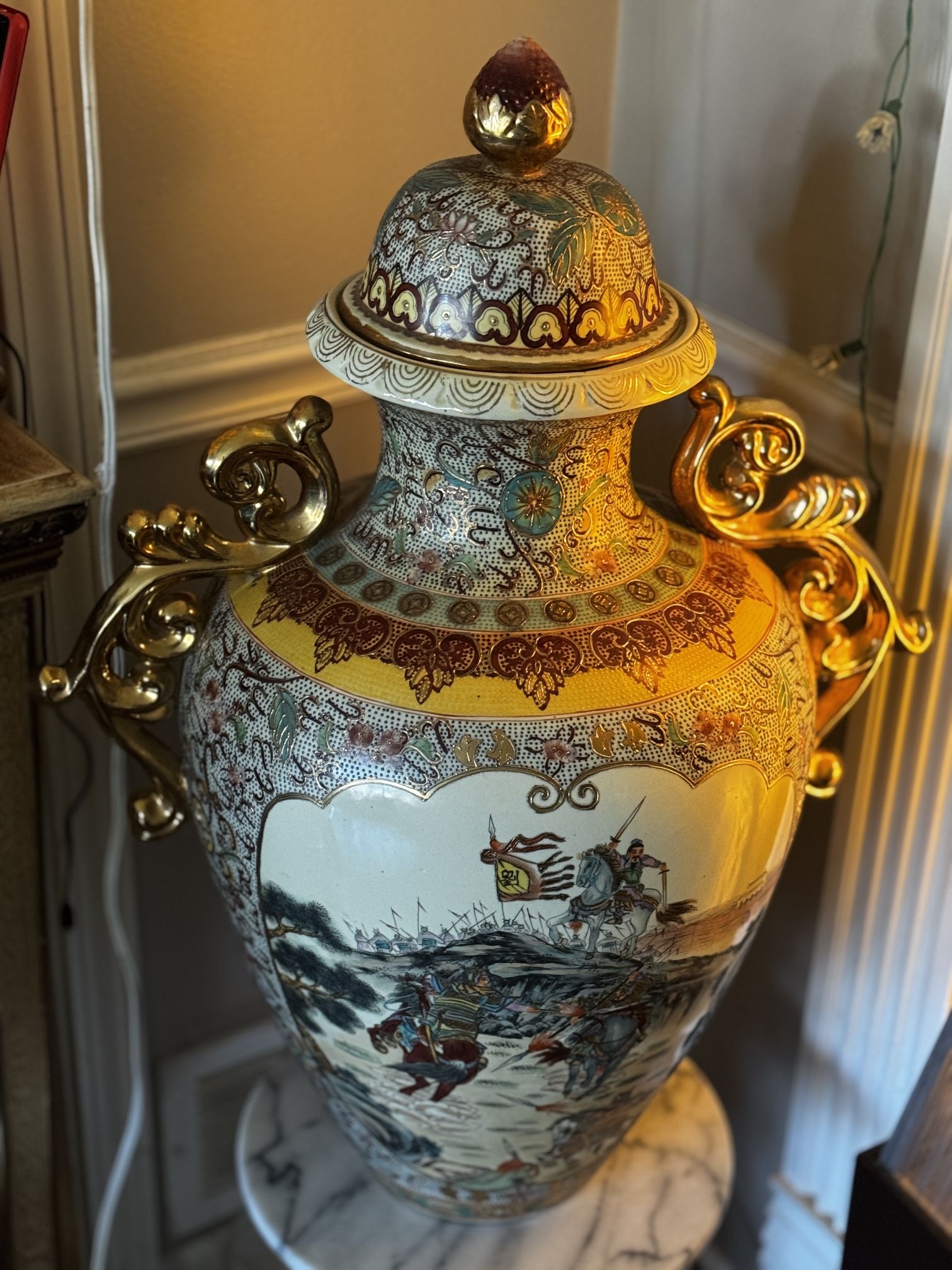 30” Japanese Satsuma Hand Painted Porcelain Temple Jar Urn Lidded