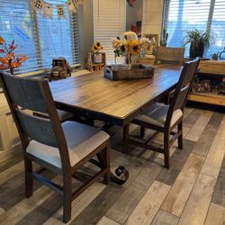 Beautiful Farmhouse Rustic Heavy Wood Table with Chairs and a Bench