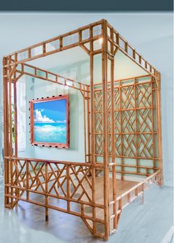 1970s Vintage Rattan Bamboo Canopy Bed, Queen Size With Chippendale Fretwork