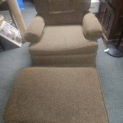 Brown tweed armchair and ottoman
