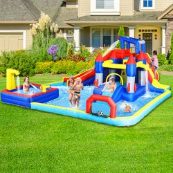 10 in1 Inflatable slide water park bouncing house garden with splash pool & water gun & basketball & climbing wall & dual pools & soccer 