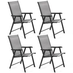 Set of 4 Outdoor Texteline Folding Dining Chairs with Backrest/ Armrests, All Weather Chairs for Garden/ Lawn/ Porch/ Backyard Pool